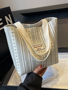Women Fashion Corduroy Striped Tote Bag Retro Large Capacity Shoulder Handbag For Daily Commute Casual Travel Canvas Bag