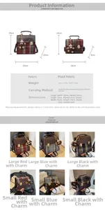 Detailed size chart for retro checked cloth backpack with dimensions and color options