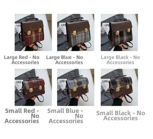 Retro plaid backpack set in red, blue, and black showing size comparison in detail