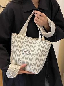 Chic cream canvas tote bag with grey stripes and Nanxiaojie logo for women