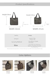Size chart showing large and small canvas tote bag dimensions and weight specifications