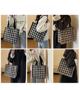 Multi-angle view of black and white checkerboard canvas tote bag shown on a model
