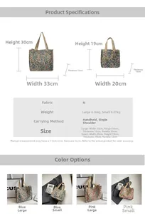 Size chart showing large and small floral canvas tote dimensions with strap lengths