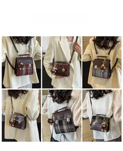 Detailed views of vintage plaid mini backpacks in multiple carry styles with plush charms