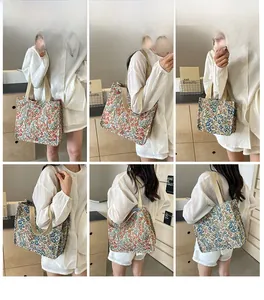 Detailed views of floral canvas tote bag showing interior capacity and daily styling on model