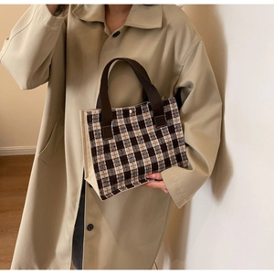 Close-up of a brown plaid tote bag carried by a model wearing a khaki trench coat