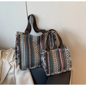 Detailed comparison of large and small ethnic tote bags with geometric canvas patterns