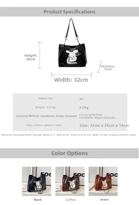 Detail view of cartoon rabbit printed PU leather tote bag with size and color specifications