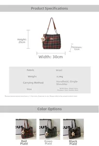 Detail view of plaid woolen tote bag dimensions and three color variants with plush pendant