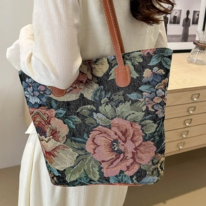 Grande borsa tote vintage in jacquard floreale con manici in pelle marrone da donna