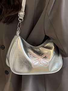 Damen Y2K Schmetterling Bestickt Schultertasche Metallisch Knitter PU Leder Baguette Umhängetasche Retro Schick Hobo Handtasche