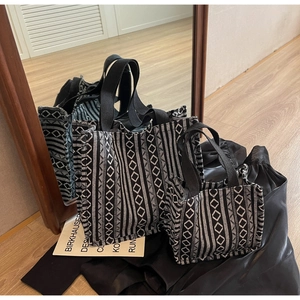 Macro shot showing large and small tote bags with black and white geometric woven textures