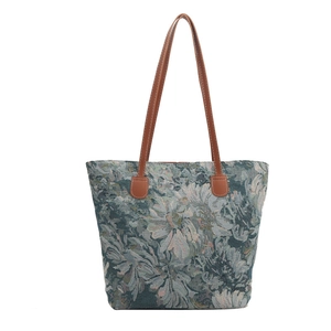 Grande borsa tote in jacquard floreale con manici in pelle marrone in tonalità blu-grigio