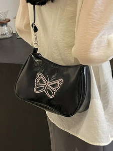 Elegante schwarze Baguette-Tasche aus PU-Leder mit rosa Schmetterlingsstickerei für Damen