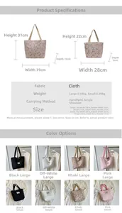 Detailed size chart for minimalist canvas tote bags in small and large dimensions