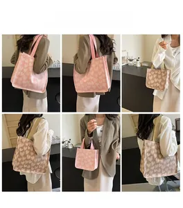 Collage of pink and beige canvas tote bags with heart patterns worn in a cafe setting