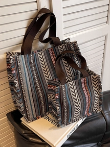 Women's Ethnic Woven Canvas Tote Bag Large Capacity Bohemian Geometric Pattern Shoulder Bag Fashion Daily Commuter Handbag