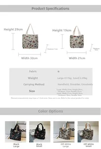 Size chart for canvas tote bag showing dimensions and weights of large and small options