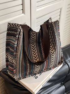 Ethnic bohemian woven tote bag with colorful striped canvas and wide shoulder straps