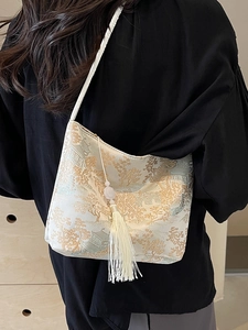 Nuova Borsa a Secchiello Jacquard in Stile Cinese per Donna Borsa a Spalla Vintage con Paesaggio Floreale con Decorazione a Nappa Lunga Piccola Borsa a Tracolla Trendy Chic