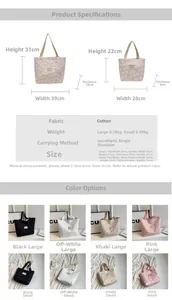 Size guide for large and small canvas tote bags with heart patterns and dimensions