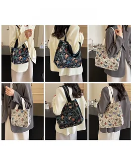 Collage of butterfly print canvas tote bags showing black and beige size options