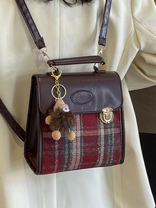 Vintage red plaid mini backpack with dark brown leather flap and stylish plush pendant