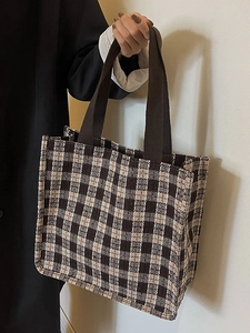 Vintage Plaid Canvas Tote Bag For Women Large Capacity Checkerboard Shoulder Bag Casual Commuter Handbag Versatile Shopper Bag