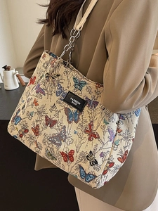 Vintage Canvas Butterfly Pattern Tote Bag For Women Large Capacity Shoulder Bag With Chain Strap Fashion Commuting Bag