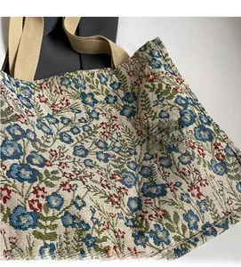Close-up of jacquard fabric detail featuring vintage floral patterns on a large tote bag