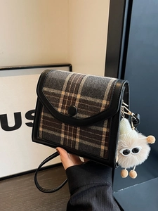 Vintage gray plaid crossbody square bag with a black leather trim and cute plush charm