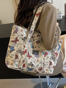 High-capacity butterfly jacquard canvas tote bag for women stylish commuting fashion