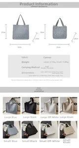 Tableau des tailles pour sacs cabas en toile fleurie, versions large et petite