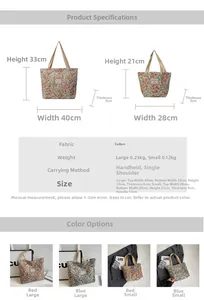 Guide des tailles pour grands et petits sacs cabas en toile avec motif floral