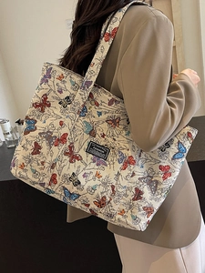 Retro butterfly floral jacquard tote bag with large capacity for women commuting