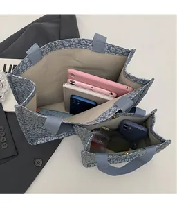 Détail de cabas en toile bleue à fleurs montrant l'espace intérieur pour tablette et livres