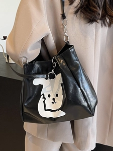Fashionable black PU leather tote bag with cute cartoon print and silver chain strap
