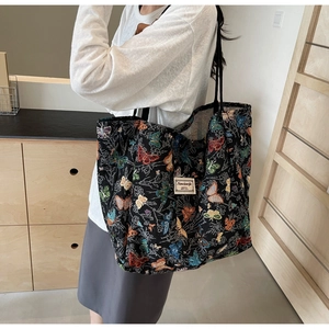 Detail of large capacity jacquard tote bag featuring colorful butterfly patterns