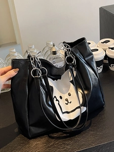Black PU leather tote bag with cartoon bear pattern and stylish metal chain straps