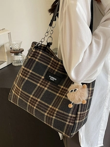 Large capacity plaid tote bag for women with fashion label and plush charm accessory