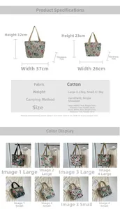 Size chart showing large and small floral canvas tote dimensions and color variants