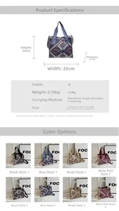 Size guide for canvas tote bag with ethnic patterns and dimensions of 25x23x11cm