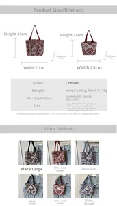 Tableau des tailles pour sacs fourre-tout en toile ethnique avec mesures détaillées