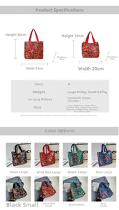 Size chart and color selection for floral canvas tote bags in large and small versions