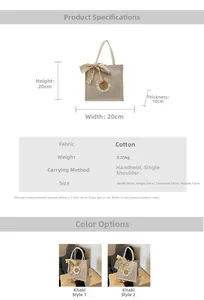 Detailed size chart for linen lunch bag with daisy patch and lace bow details