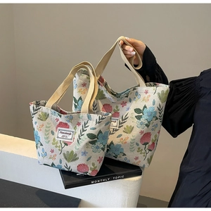 Detail of floral jacquard canvas tote bags in large and small sizes with woven label