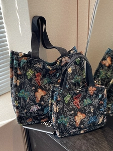 Large capacity canvas tote bag with butterfly jacquard pattern for office and students