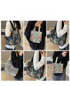 Ethnic floral tapestry tote bags in two sizes shown in various lifestyle poses