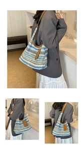 Macro detail of multi-colored bohemian woven tote bag with premium leather strap