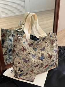 Large capacity canvas tote bag with butterfly embroidery and woven handles
